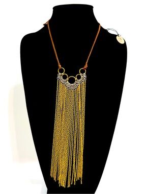 Lena Bernard Gold Fringe Statement Necklace Suede Cord Mixed Metal NWT